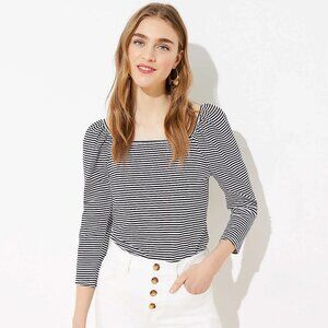 LOFT Black & White Striped Square Neck Puff Sleeve 3/4 Sleeve Tee